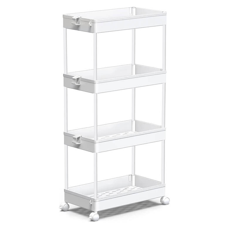 White 4-tier rolling storage cart with open shelves and caster wheels