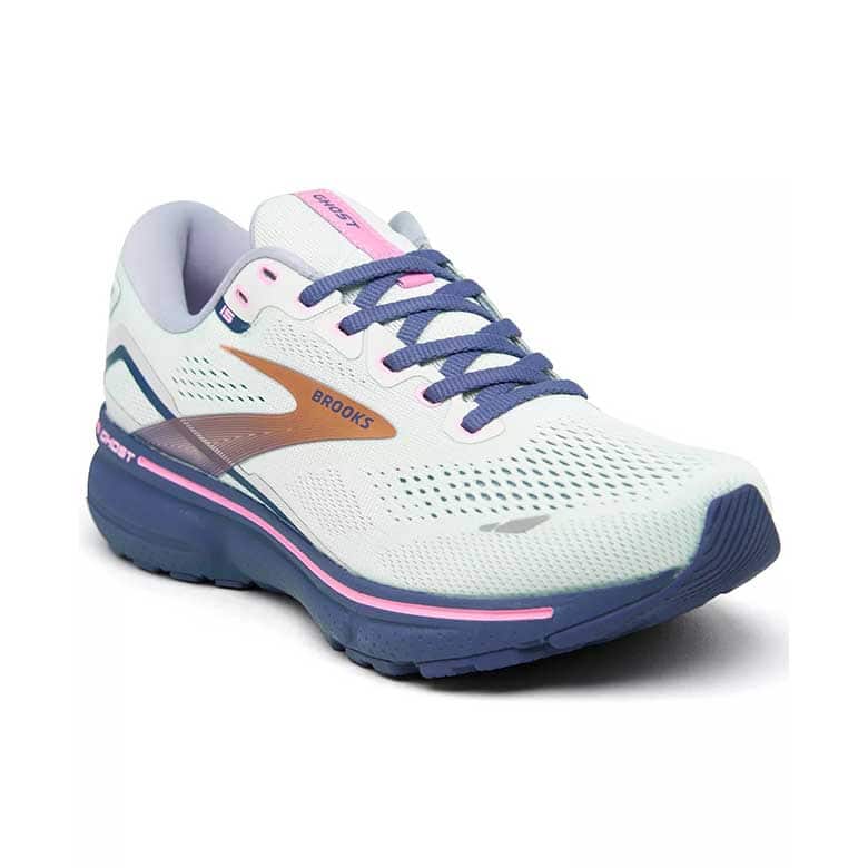 Lightweight Brooks running shoe with purple laces, pink accents, and a cushioned sole