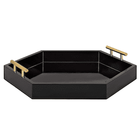 Black hexagonal serving tray with gold handles