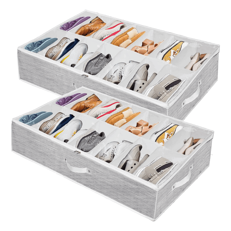 Two gray under-bed shoe storage organizers with clear tops, each holding multiple pairs of shoes in separate compartments