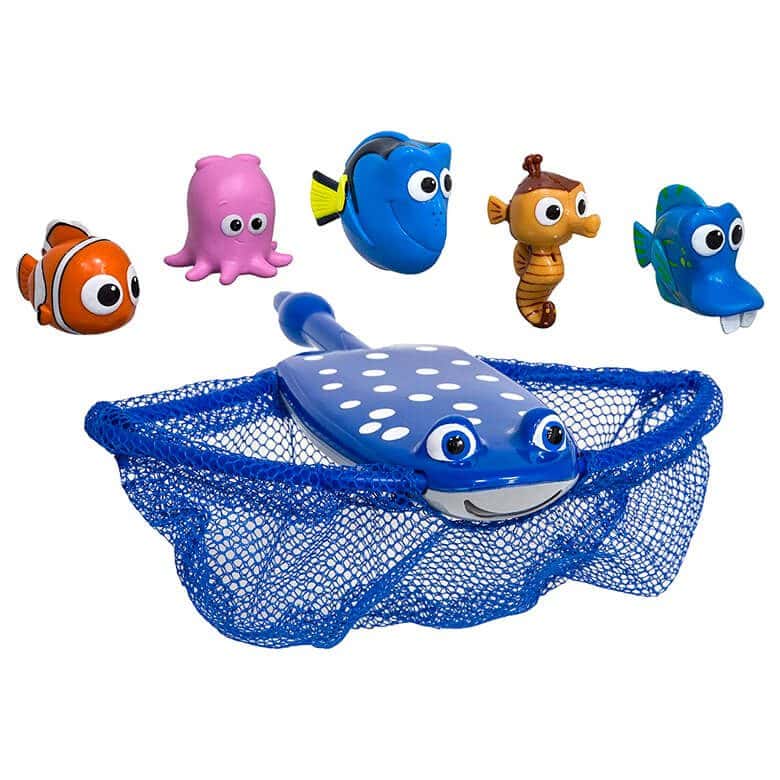Set of colorful Finding Nemo bath toys with a blue stingray net and small character figures including Nemo, Dory, an octopus, a seahorse, and a fish