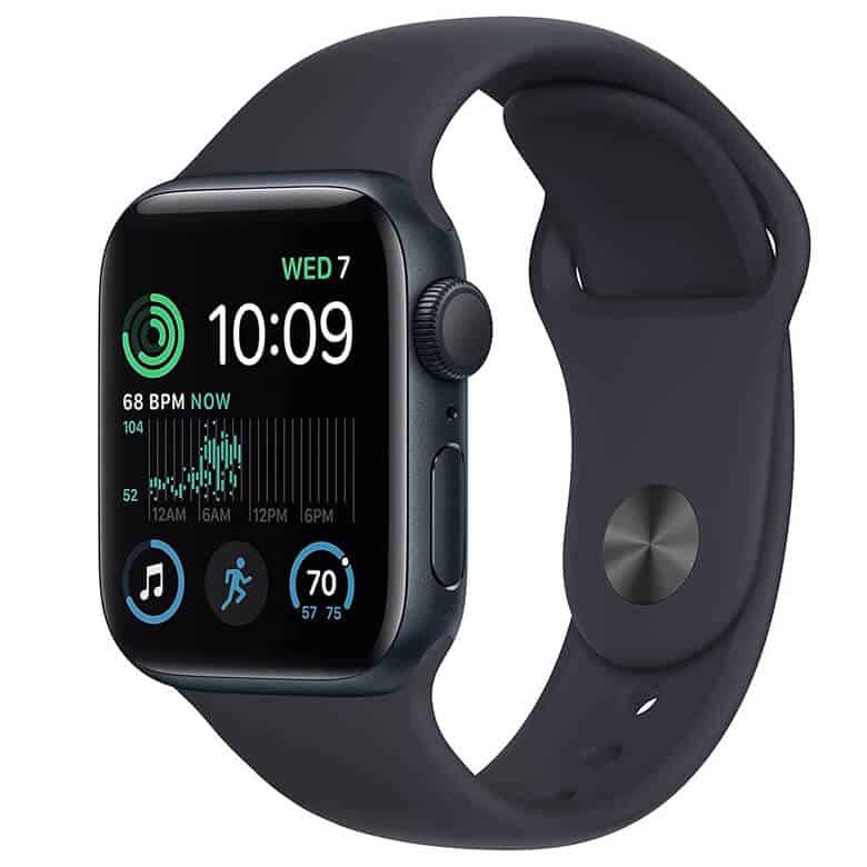 Black Apple Watch SE with a dark band displaying time, heart rate, activity rings, and fitness tracking stats on the screen