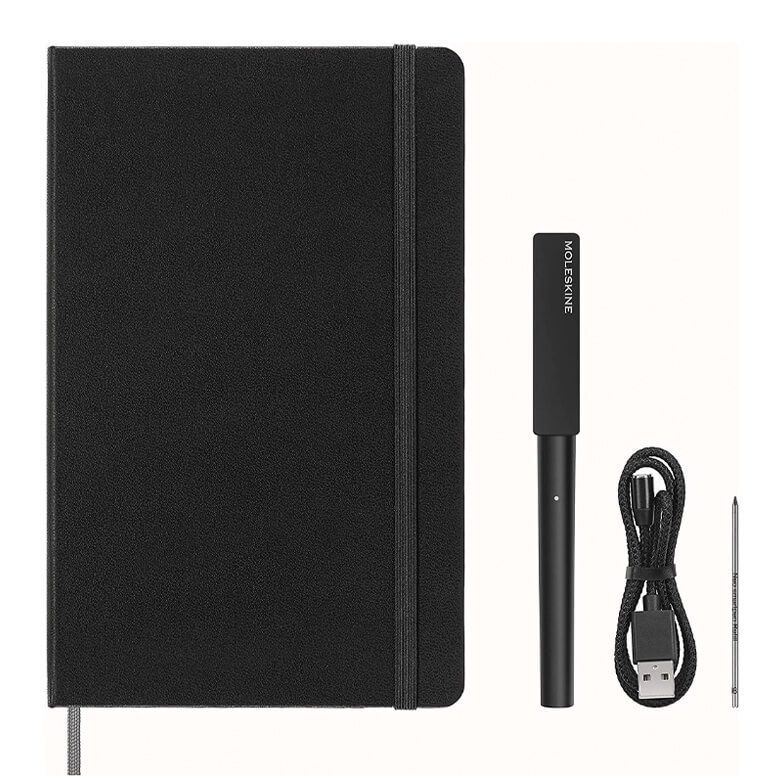Black Moleskine smart notebook set with digital pen, USB charging cable, and ink refill