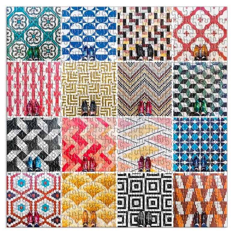 Colorful jigsaw puzzle featuring various geometric and patterned tile designs