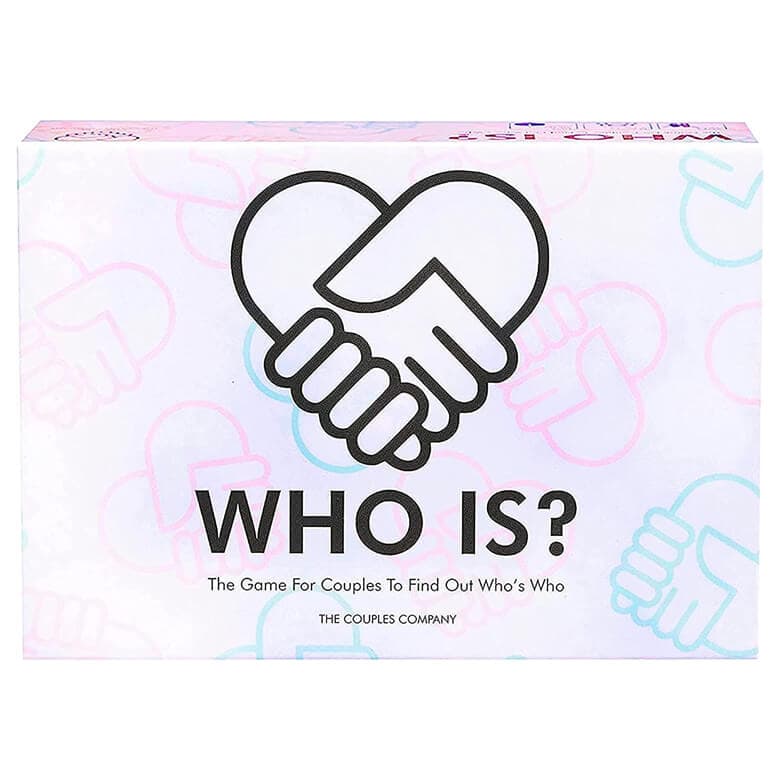 "Who Is?" couples card game box with a heart-shaped handshake logo and tagline "The Game For Couples To Find Out Who’s Who."