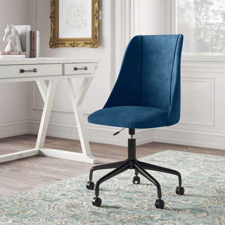 Blue swivel office chair with black base on wheels