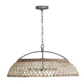 Hanging pendant light with a woven rattan shade and metal chain suspension