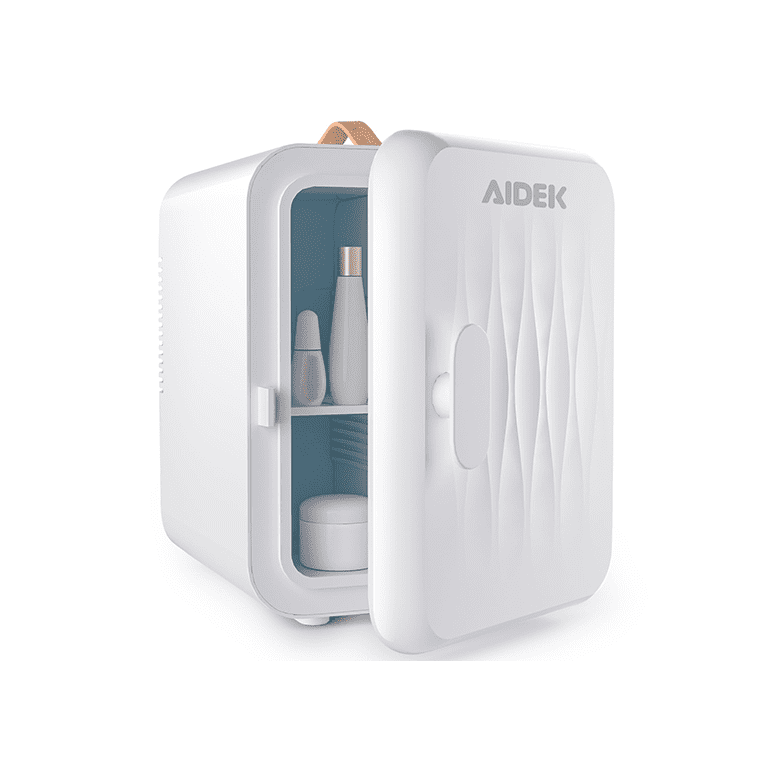 Aidek Portable white mini fridge with shelves holding skincare products