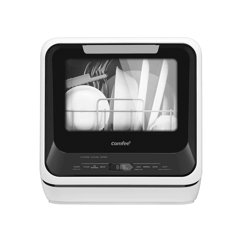 Compact countertop dishwasher with digital display and visible dish rack