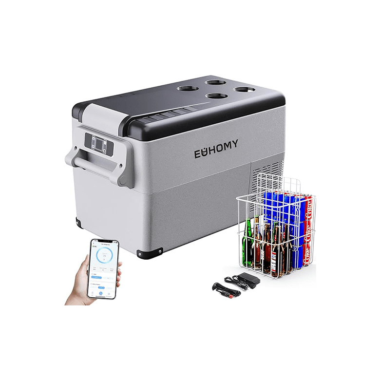 Euhomy portable car refrigerator with app control and storage basket