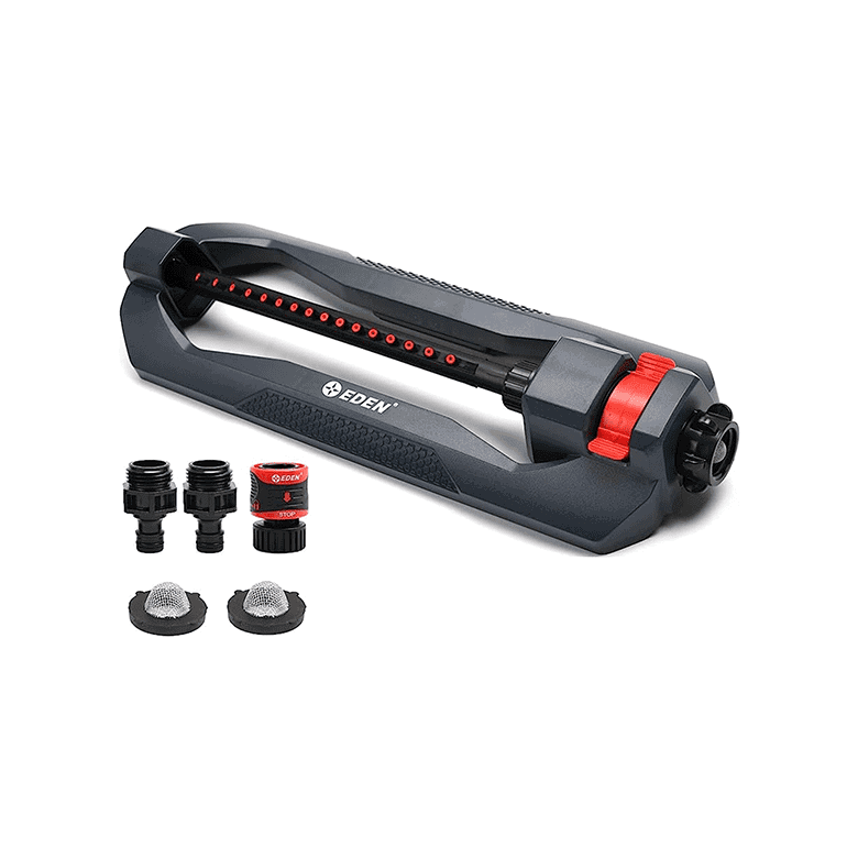 Oscillating lawn sprinkler with adjustable spray bar and multiple hose connectors and filters