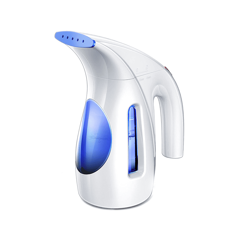White handheld garment steamer with blue water reservoir and ergonomic handle