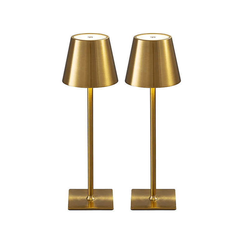 Pair of tall gold table lamps with cone-shaped shades and square bases