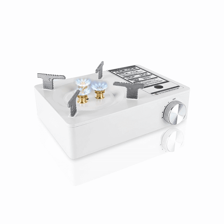 White portable gas stove with two active burners and a control knob
