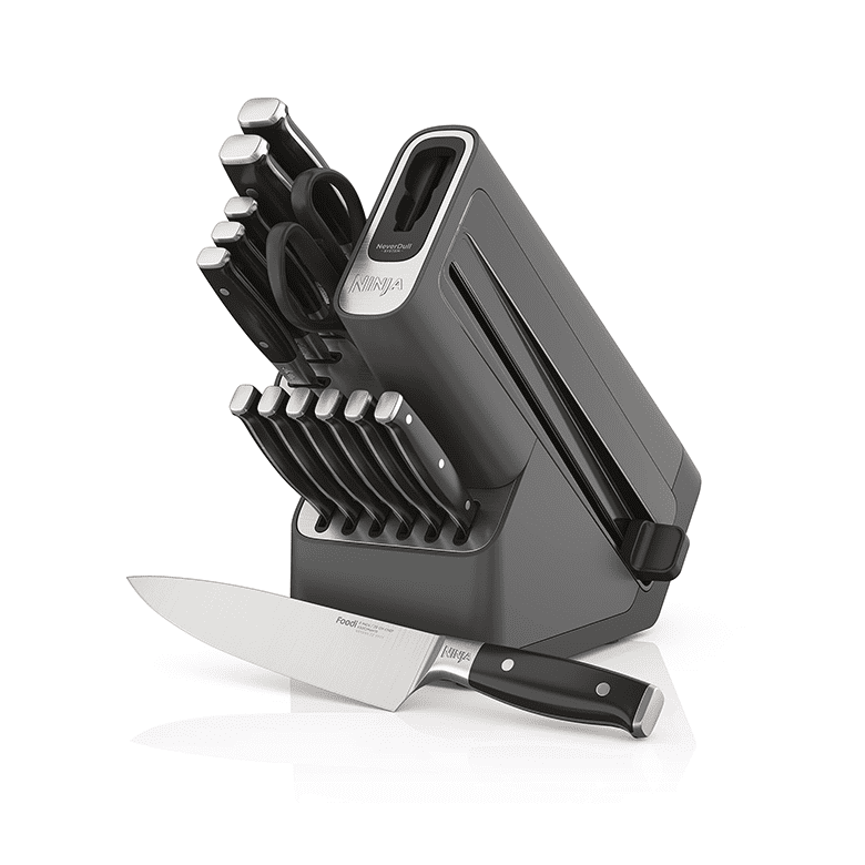 Ninja knife block set with black handles, built-in sharpener, and a variety of kitchen knives