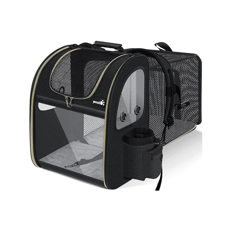 Black pet carrier with mesh sides, a transparent front, and a water bottle holder