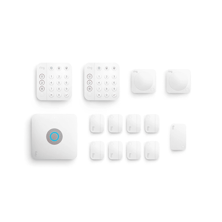 White Ring home security system with multiple sensors, keypads, and a central hub