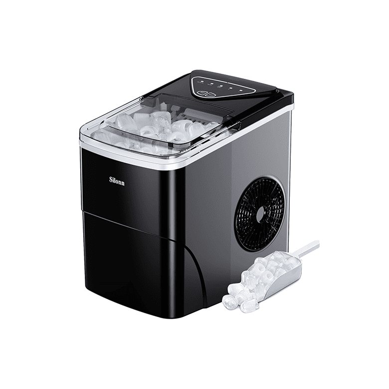 Black countertop ice maker with a transparent lid, control panel, and a scoop filled with ice cubes