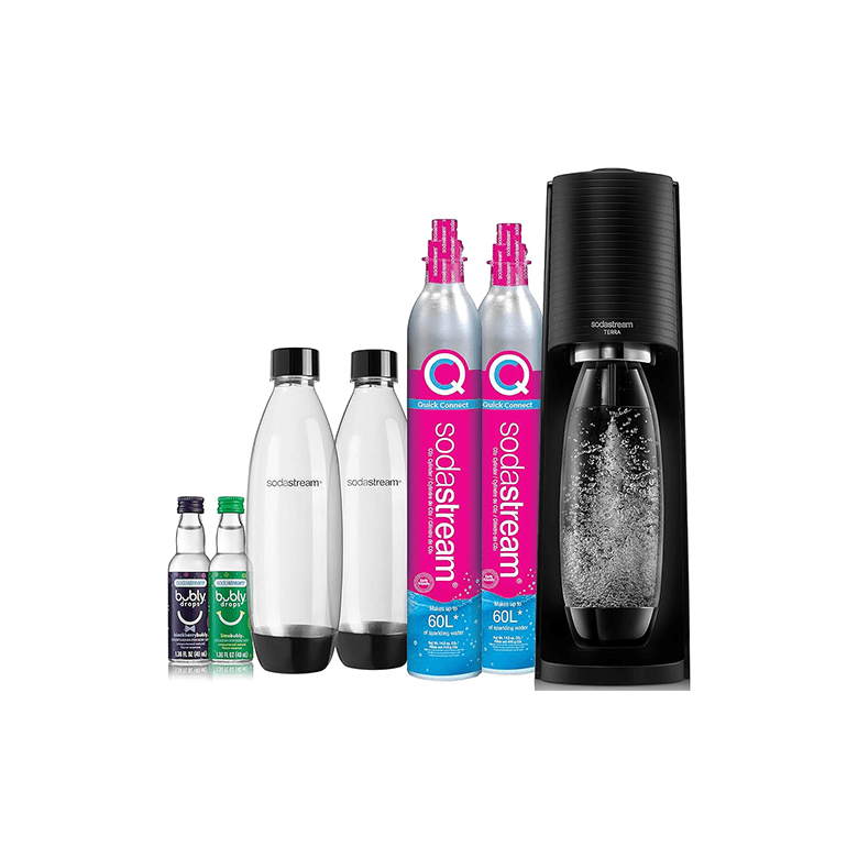 SodaStream machine with two CO2 cylinders, two plastic bottles, and two flavored beverage bottles.