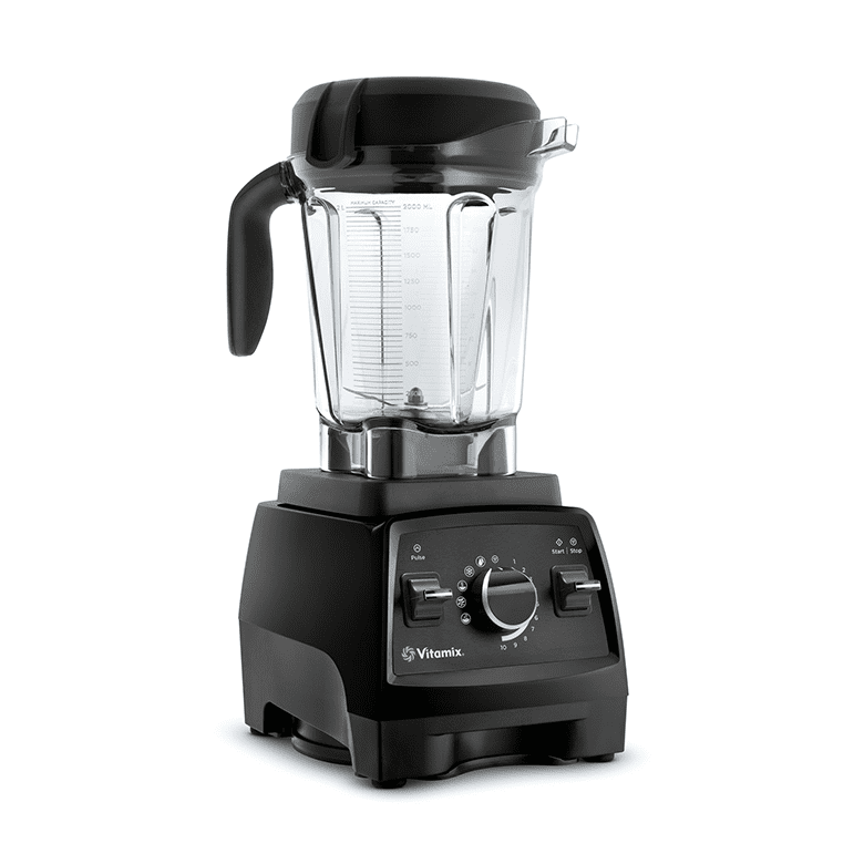 Black Vitamix blender with a clear container and control dial, designed for high-performance blending