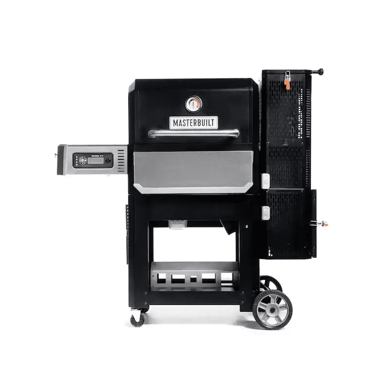 Masterbuilt charcoal grill with digital control panel and side hopper