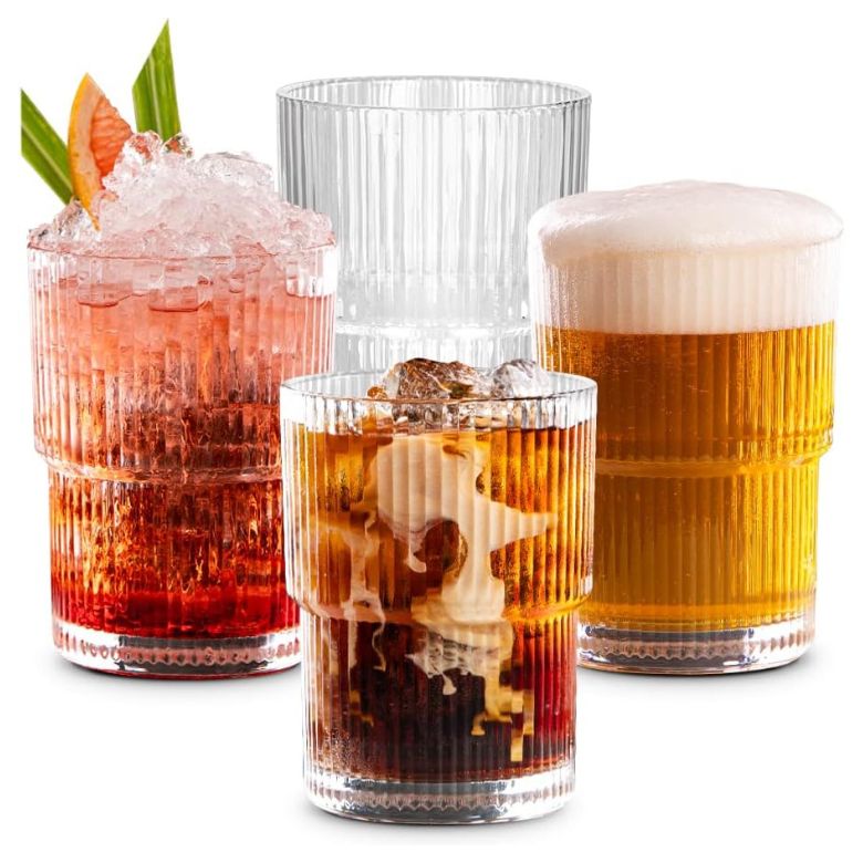 Textured glass tumblers with assorted drinks