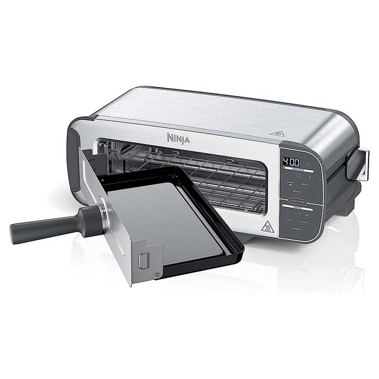 Stainless steel Ninja countertop oven with an open tray and digital controls