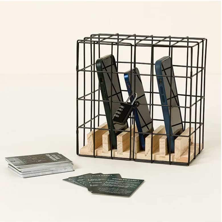 Metal phone lock box with wooden base and combination padlock