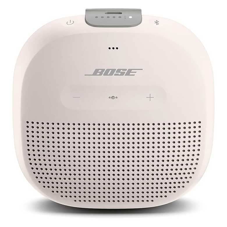 White Bose portable Bluetooth speaker with control buttons on top