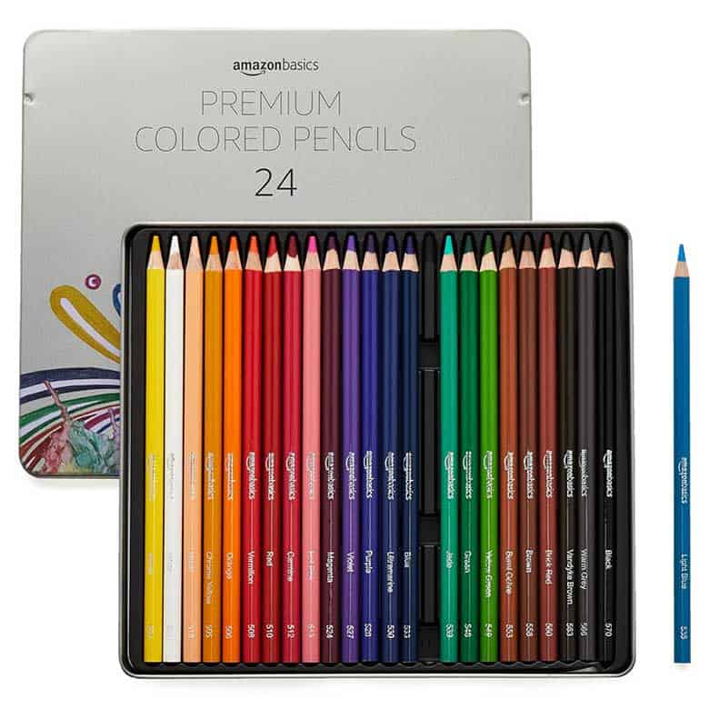 Set of 24 Amazon Basics premium colored pencils arranged by color