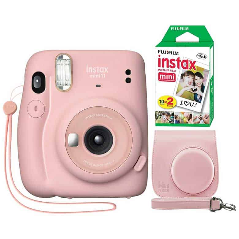 Pink Fujifilm Instax Mini 11 camera with film pack and matching case