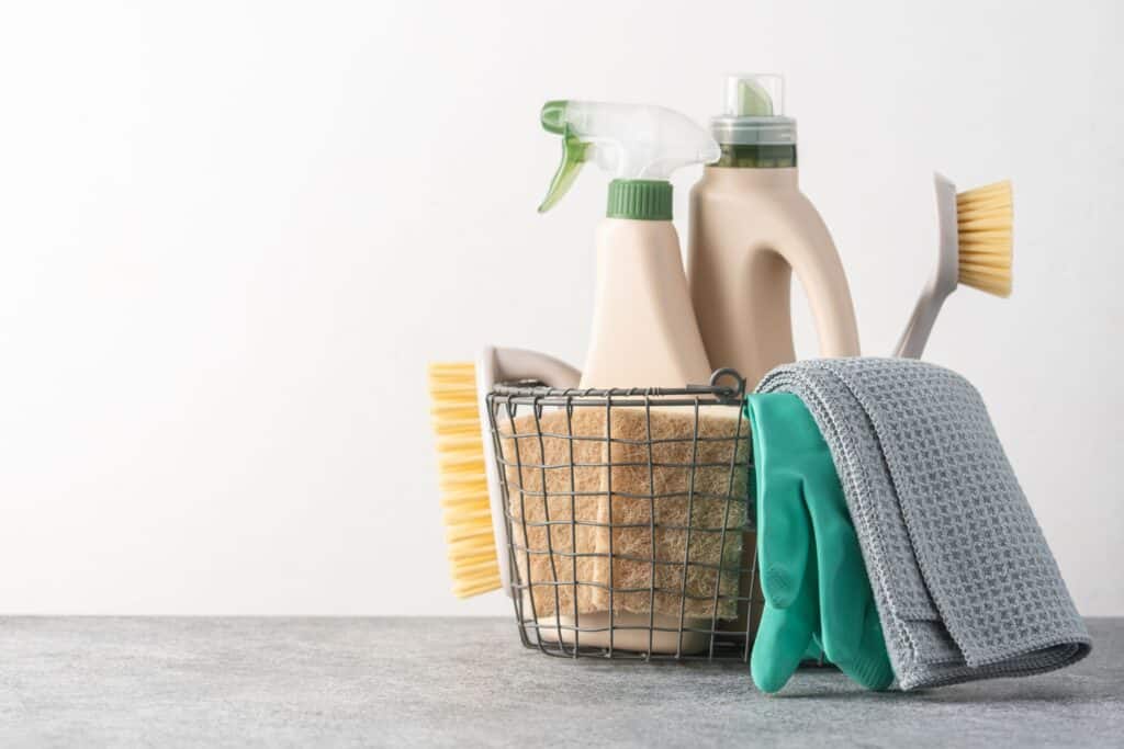 Cleaning supplies in a wire basket with spray bottles, brushes, gloves, and microfiber cloths