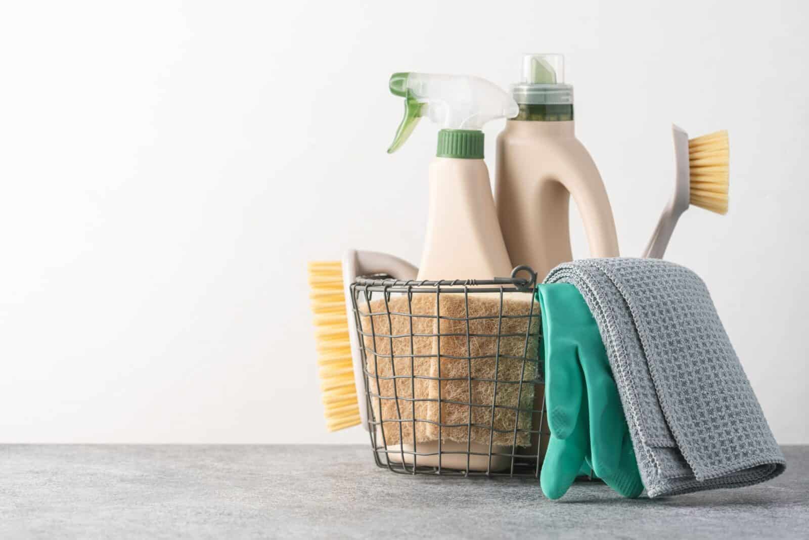 Cleaning supplies in a wire basket with spray bottles, brushes, gloves, and microfiber cloths