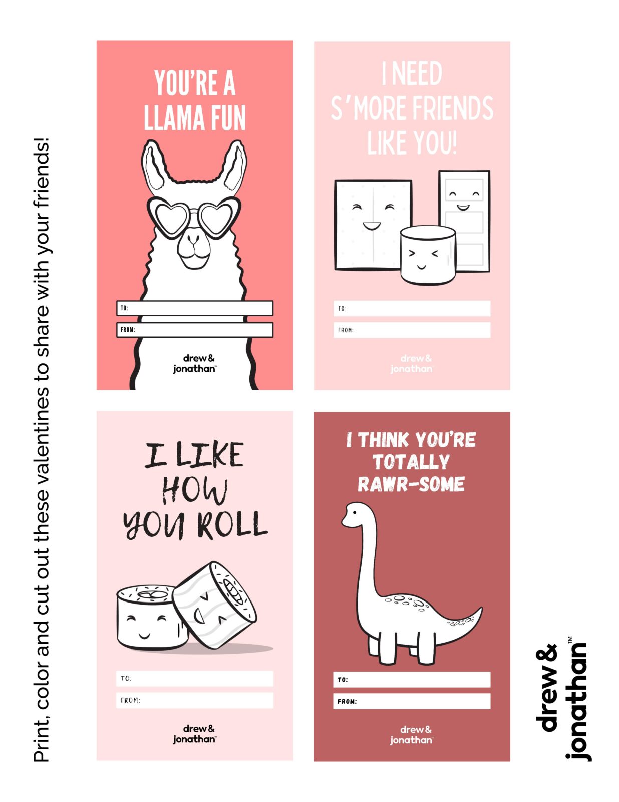 Drew & Jonathan Kids printable Valentine cards with cute animal and food illustrations