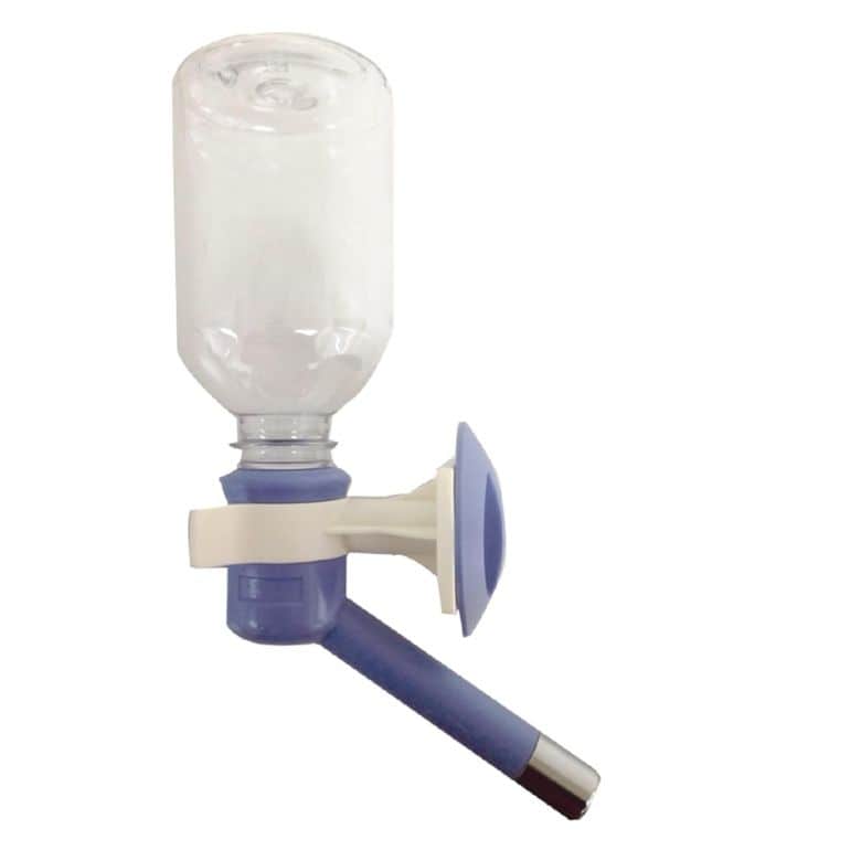 Pet water bottle dispenser with a blue nozzle and suction cup mount for attaching to surfaces