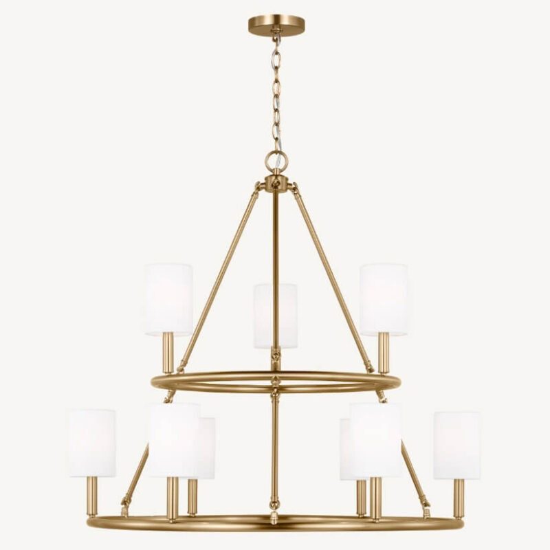 Two-tier gold chandelier with white cylindrical glass shades hanging from a chain