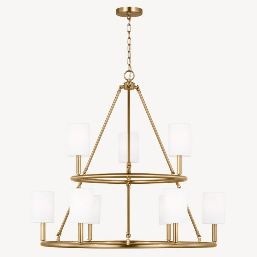Two-tier gold chandelier with white cylindrical glass shades hanging from a chain