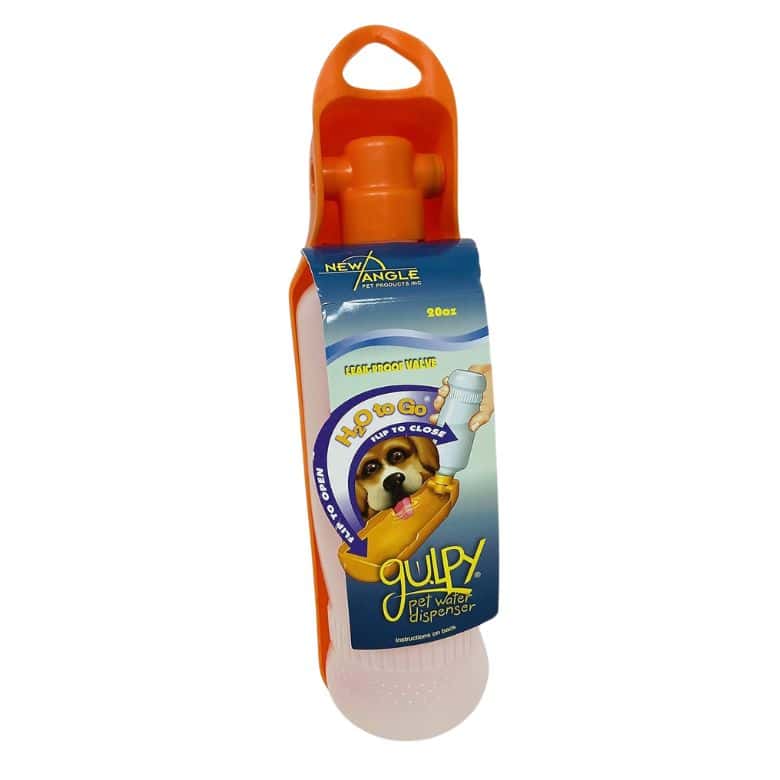 Orange portable pet water dispenser bottle labeled “Gulpy” with an attached flip-out drinking tray