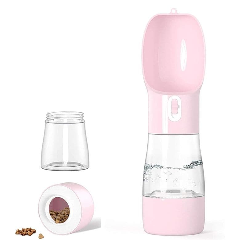 Portable pink pet water bottle with detachable food container