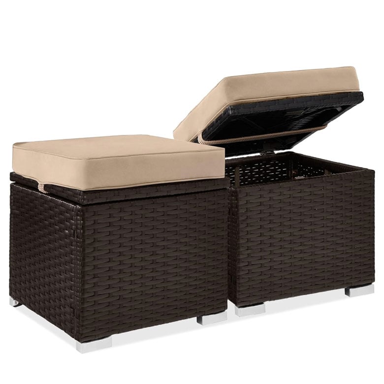 Best Choice Products Set of 2 Wicker Ottomans, Multipurpose Outdoor Furniture for Patio, Backyard, Additional Seating, Footrest, Side Table w/Storage, Removable Cushions - Brown/Beige