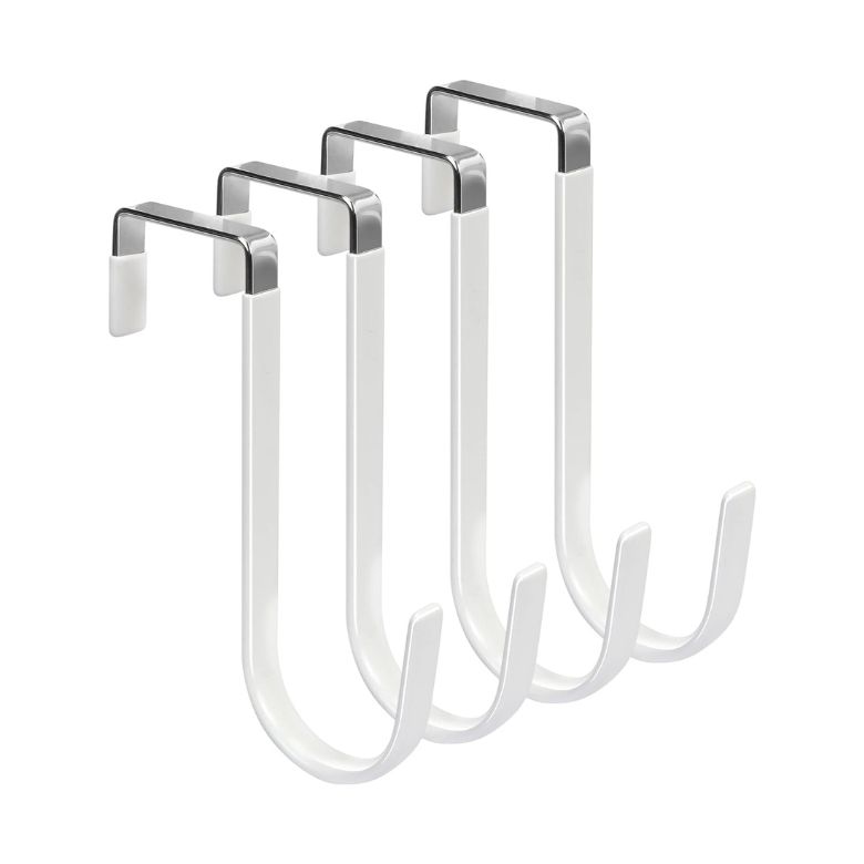 Set of four white over-the-door hooks with silver metal tops.