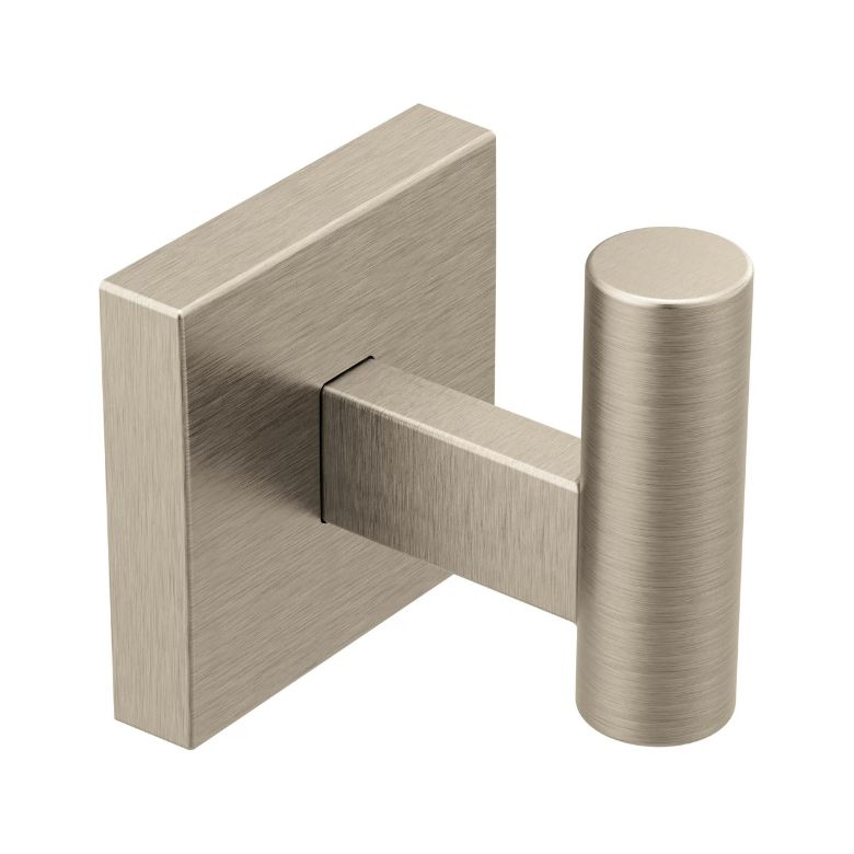 Brushed nickel wall hook with a square base and cylindrical arm.