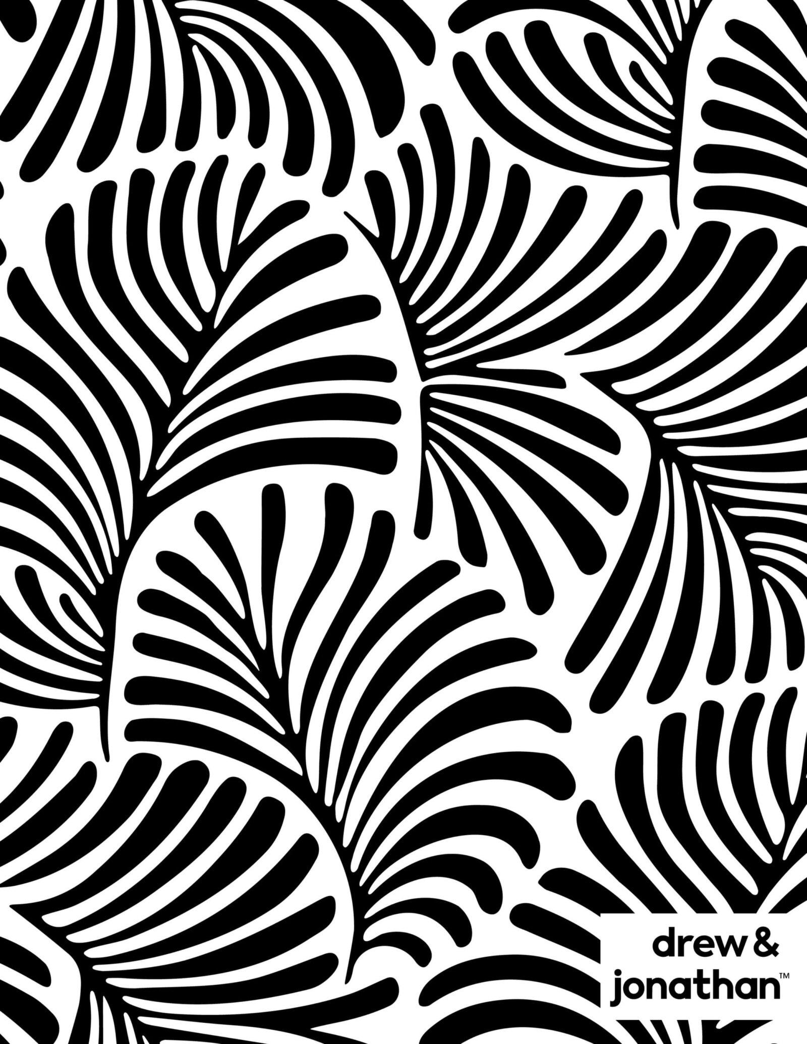 Black and white palm leaf pattern with bold, curved shapes.