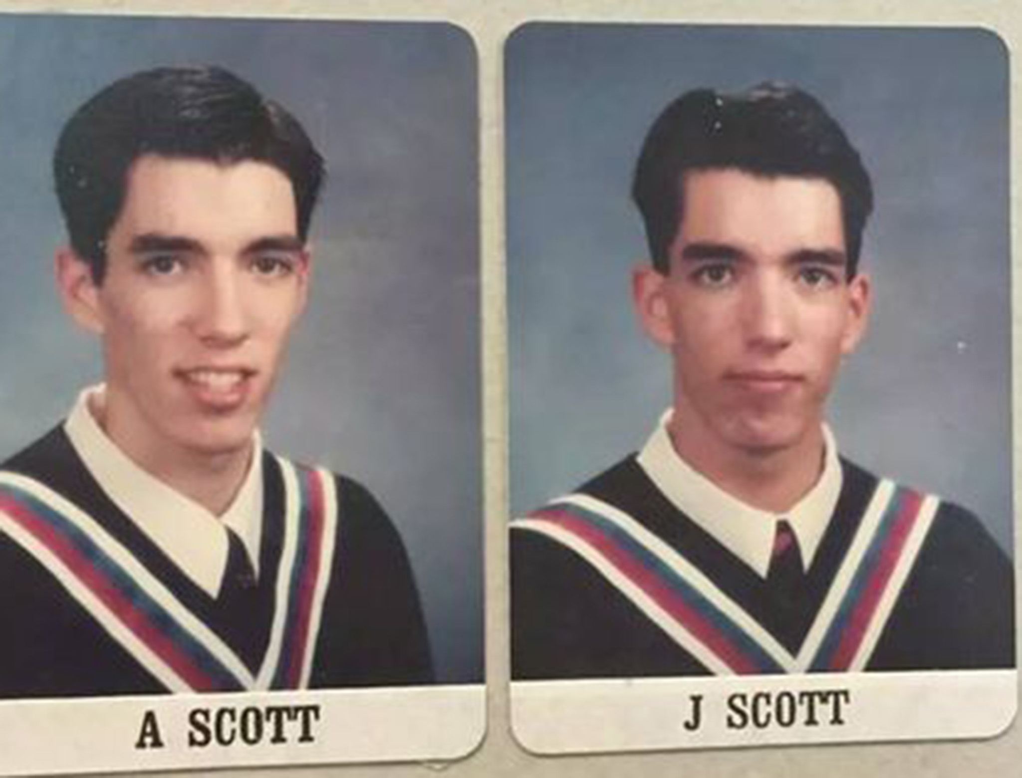 Two graduation portrait photos of Drew and Jonathan in matching school gowns shown side by side.