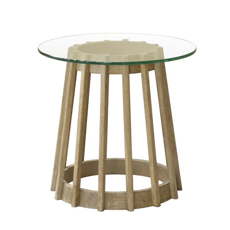 Round glass-top side table with a wooden slatted base.