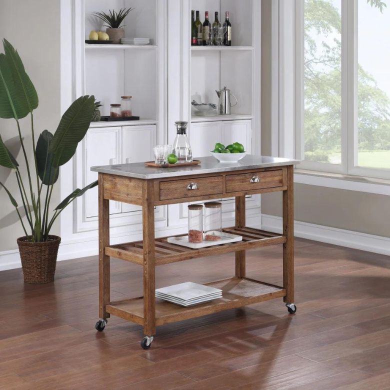 Wood kitchen island cart with drawers, shelves, and a metal top on wheels.