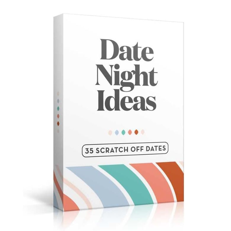 Box of date night ideas with bold text and pastel curved stripes.