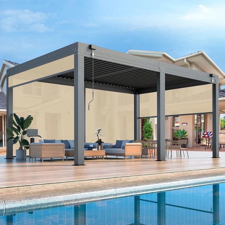Modern outdoor pergola with drop-down shades and poolside seating.