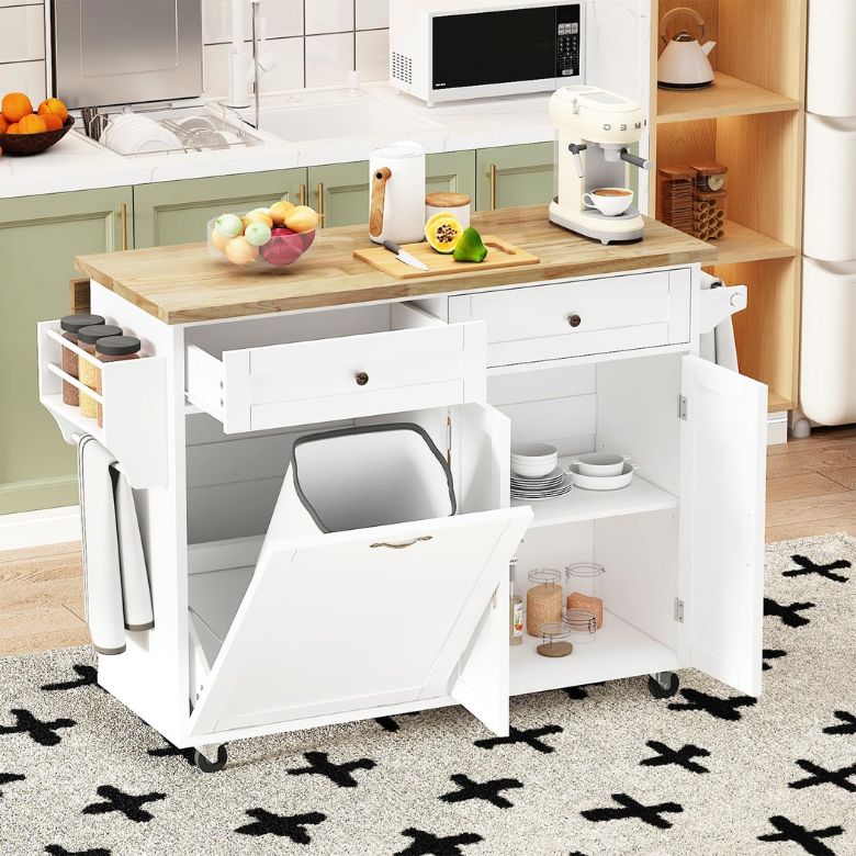 White kitchen island cart with storage drawers, shelves, spice racks, and a tilt-out bin.