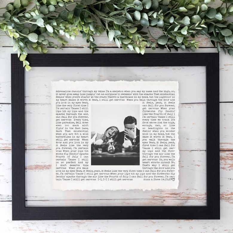 Framed custom print featuring a black-and-white photo surrounded by printed text.